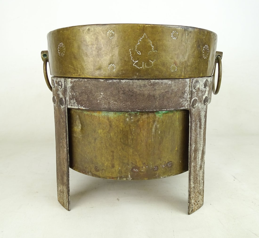 Jugenstil Fern Pot: Jugenstil brass and iron punch decorated fern pot. 10 1/2" D., 10" Ht..
