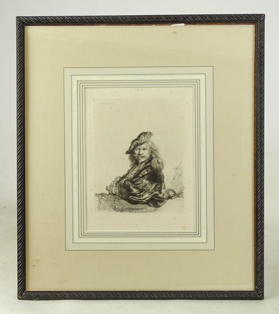 After Rembrandt Etching: After Rembrandt self portrait etching. Sight 10" x 7 1/4", overall 19 1/2" x 16 1/2".
