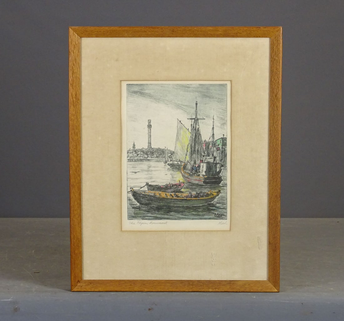Albert Edel Provincetown Print: Albert Edel signed Provincetown print "The Pilgrim Monument". Overall in frame 19 1/2" x 15".