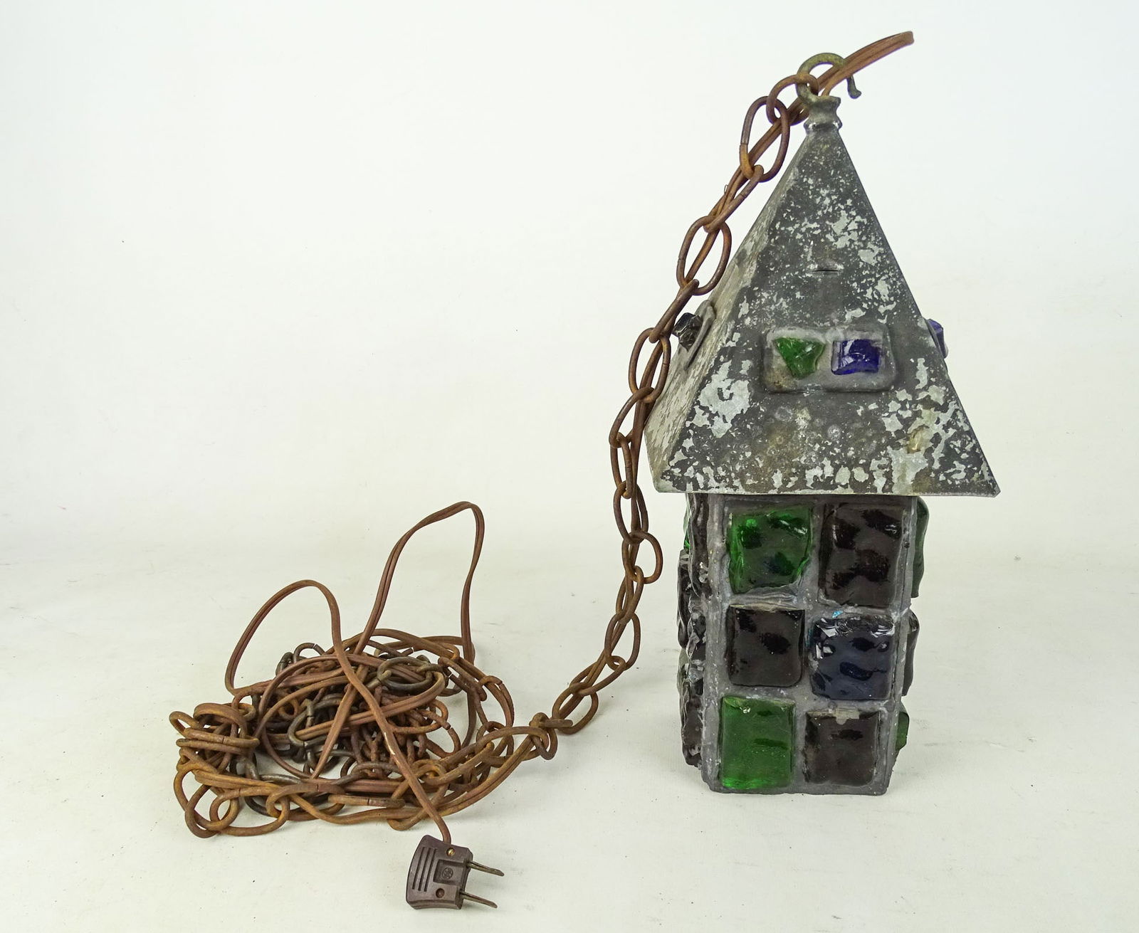 Brutalist Lantern: Brutalist "chunk" glass lantern with chair. Lantern 13 1/2" Ht..