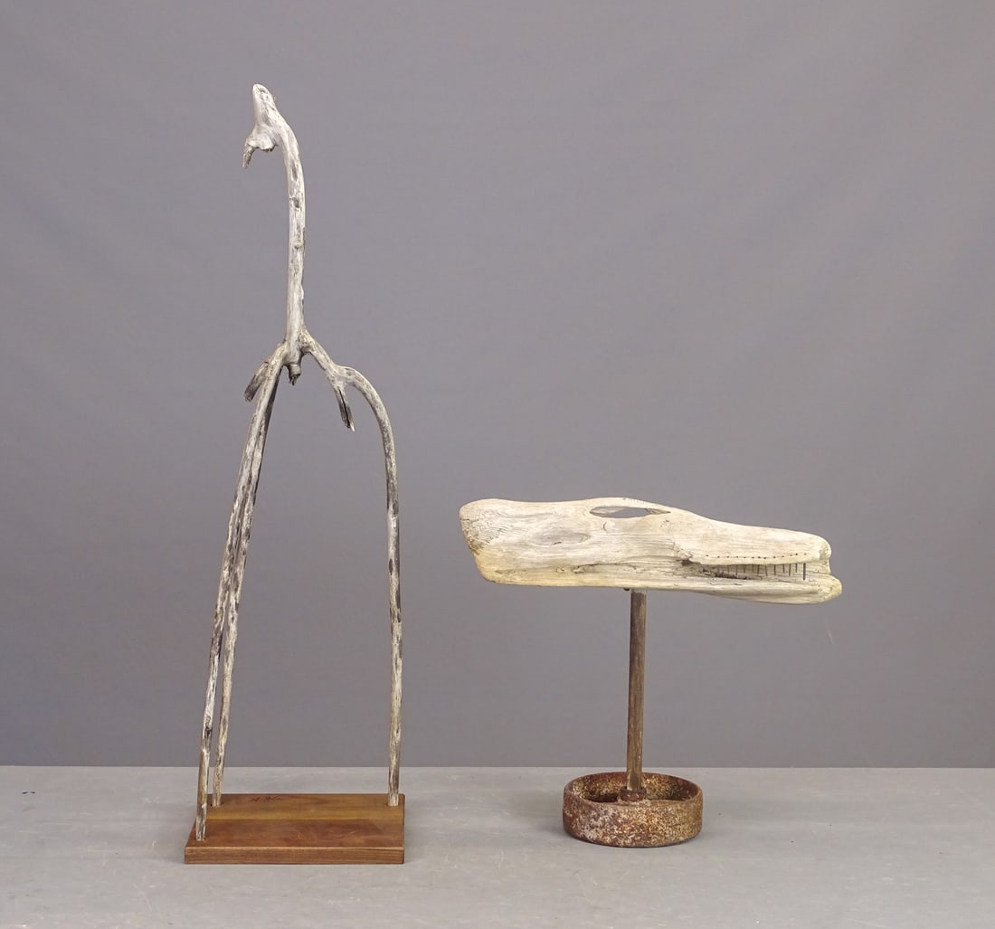 Outsider Art Sculpture: Outsider art wooden alligator sculpture with iron wheel base. 19" W., 16" Ht.along with stick sculpture on wood base (36" Ht.).