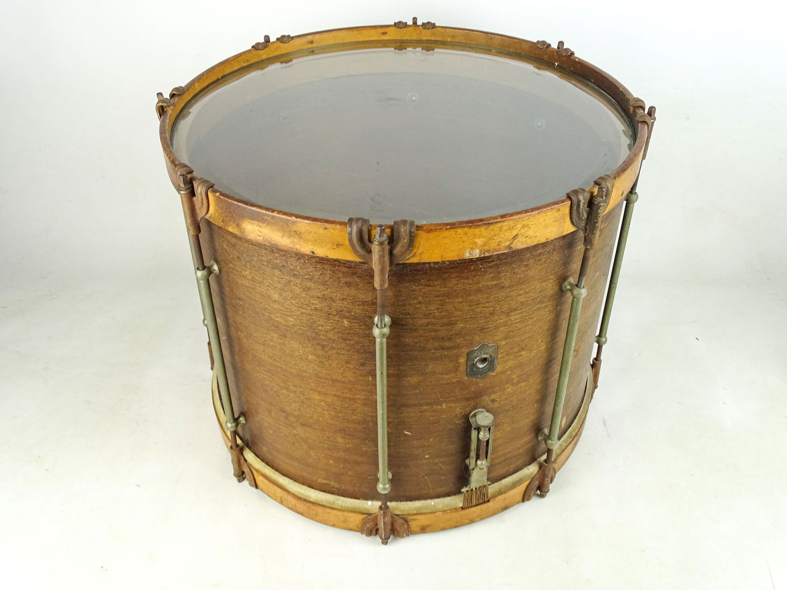 Snare Drum Table: C. 1920's Leedy Snare drum glass top table. 16 1/2" D., 13 1/2" Ht..