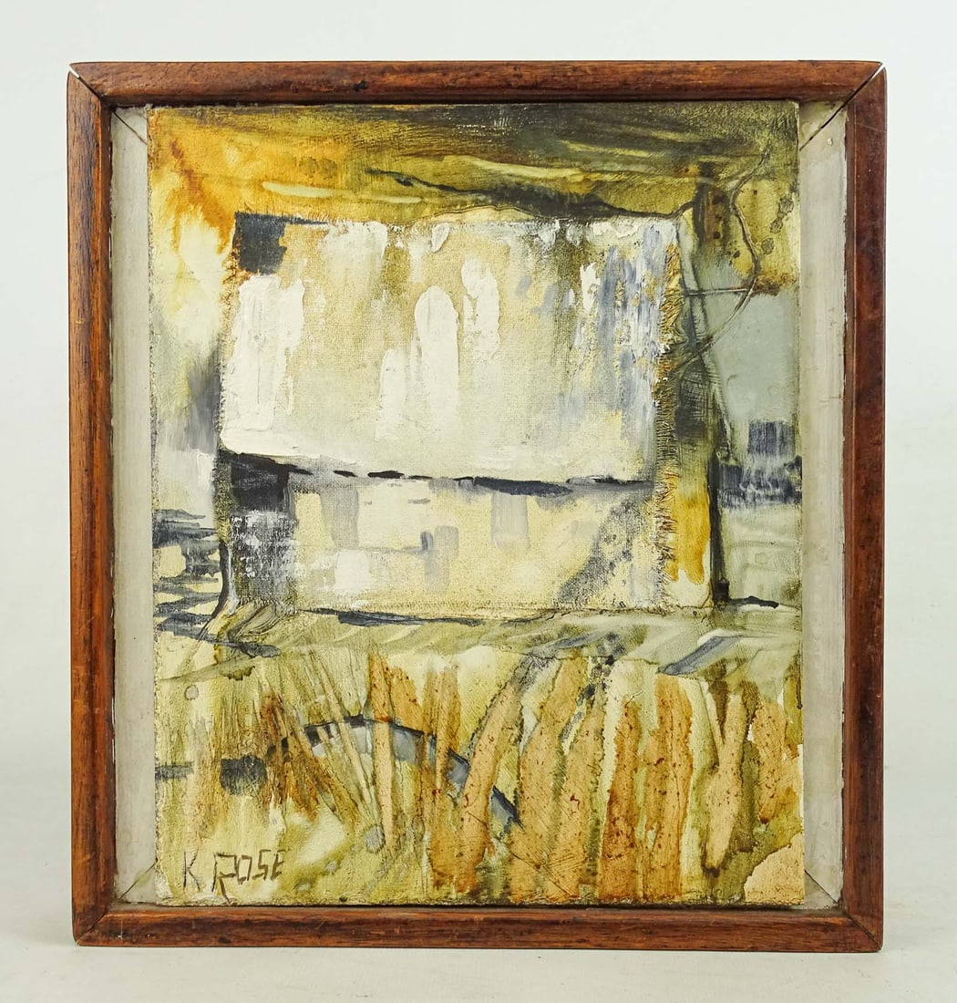 Painting: Signed K. Rose: Painting: Mid Century mixed media signed K. Rose. Overall in frame 11 1/2" x 10 1/2".