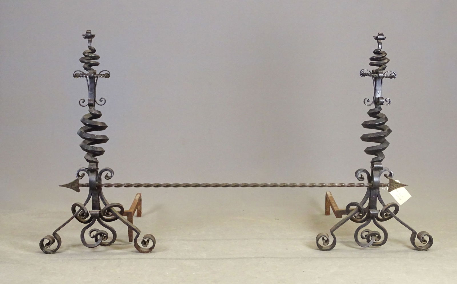 Pair Monumental Andirons: Pair of Monumental iron twisted andirons. 37" Ht., 27" D..
