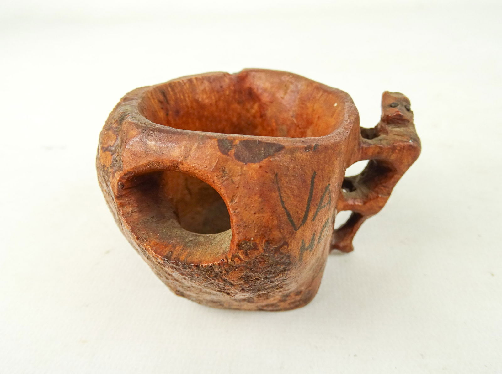 Canoe Cup: Early burled Canoe cup. Marked "VA. HOT SPRINGS…". 3" D., 2 1/2" Ht..