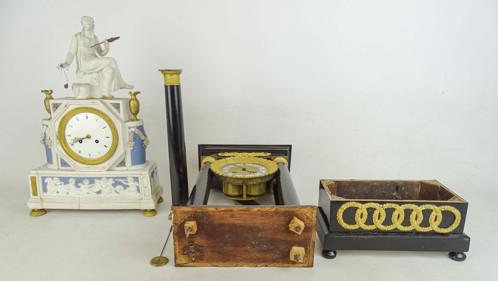 19th c. French Clock Lot: Lot including: 19th c. French piller clock signed "Guyea det Aine" (20" Ht.), Empire or Directoire mantel clock (17" Ht.).