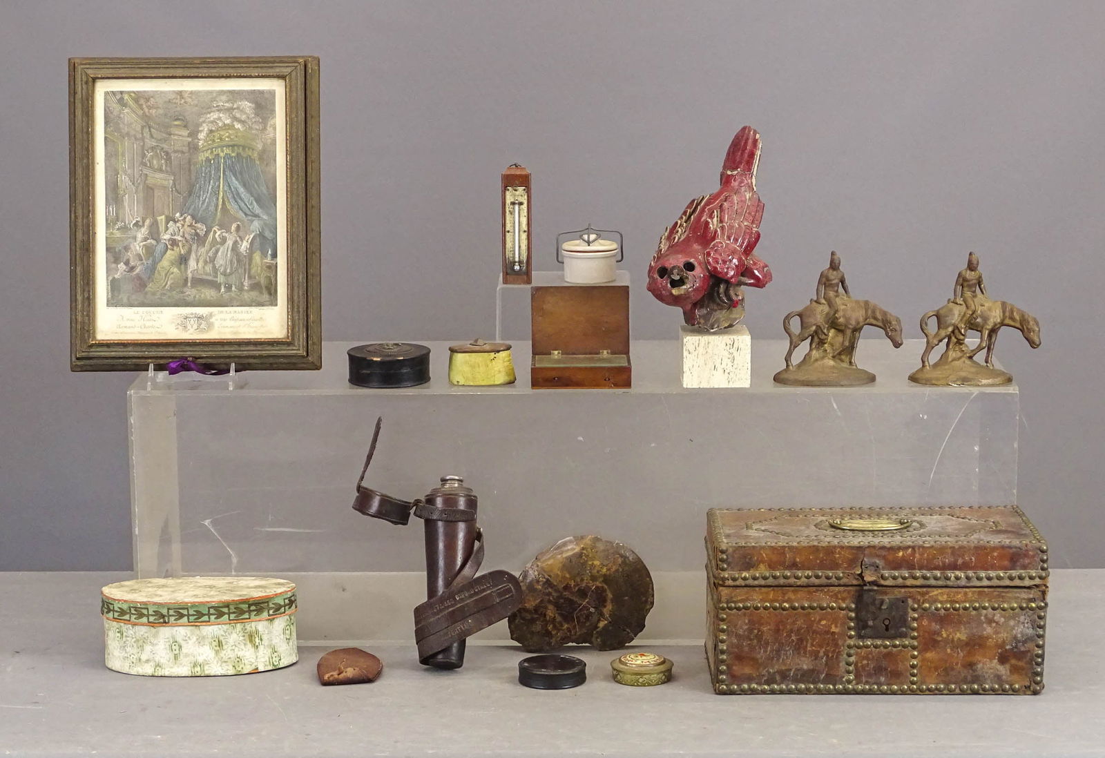 Misc. Lot: Misc. lot including: Early thermometer "Chas Walder Peterboro" (5 1/2" Ht.), Flask with leather holder (8 3/4" Ht.), music box (4 1/2" ' x x 3"), (3) round containers, Hoan boxc with wooden top, oval