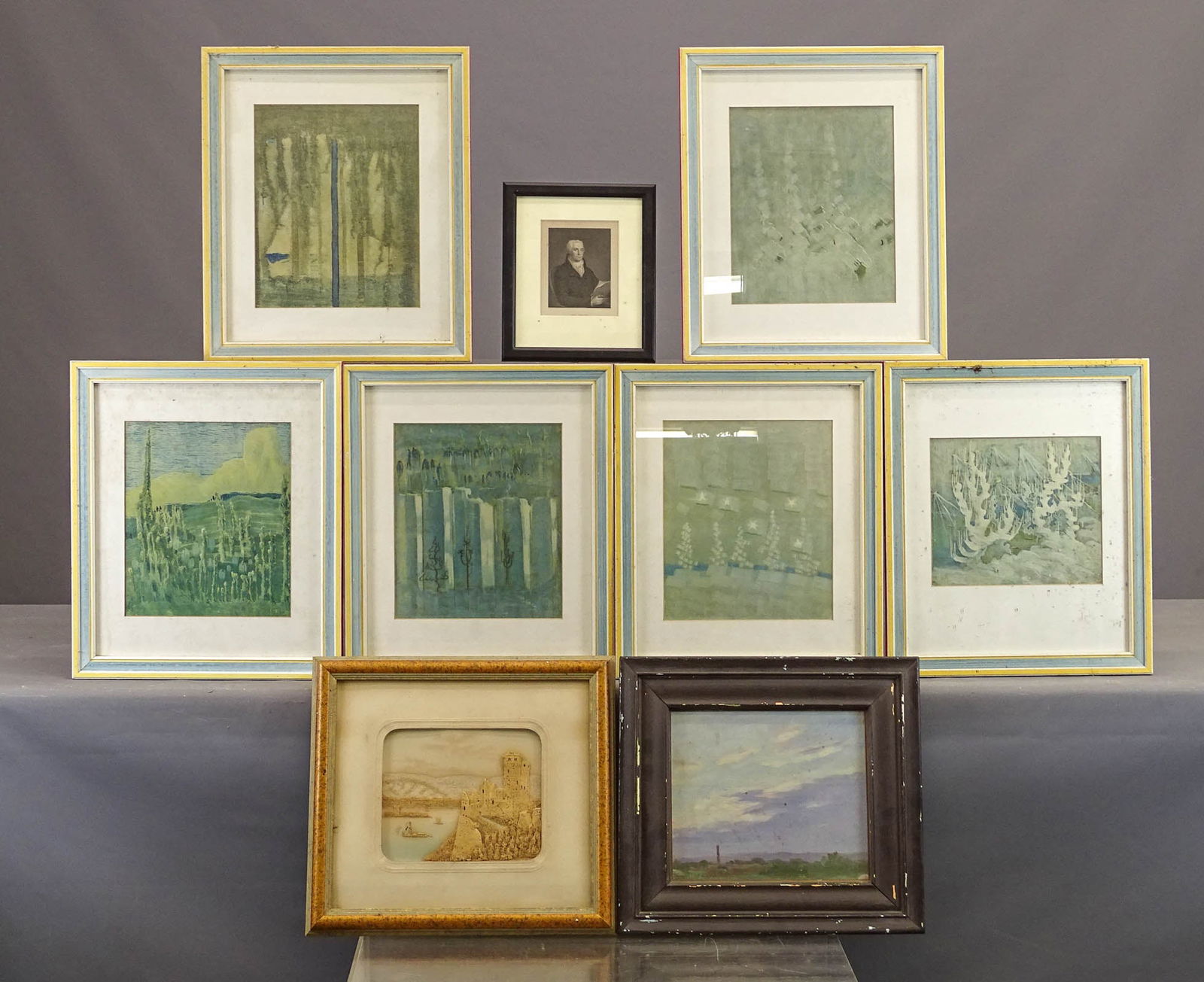 Artwork Lot: Artwork lot including: Continental Cork picture (overall 15" x 17"), print "JOEL BARLOW" (overall 10" x 9"), (6) Mid Century prints (overall 18" x 16"), landscape signed Morgan Richardson (overall