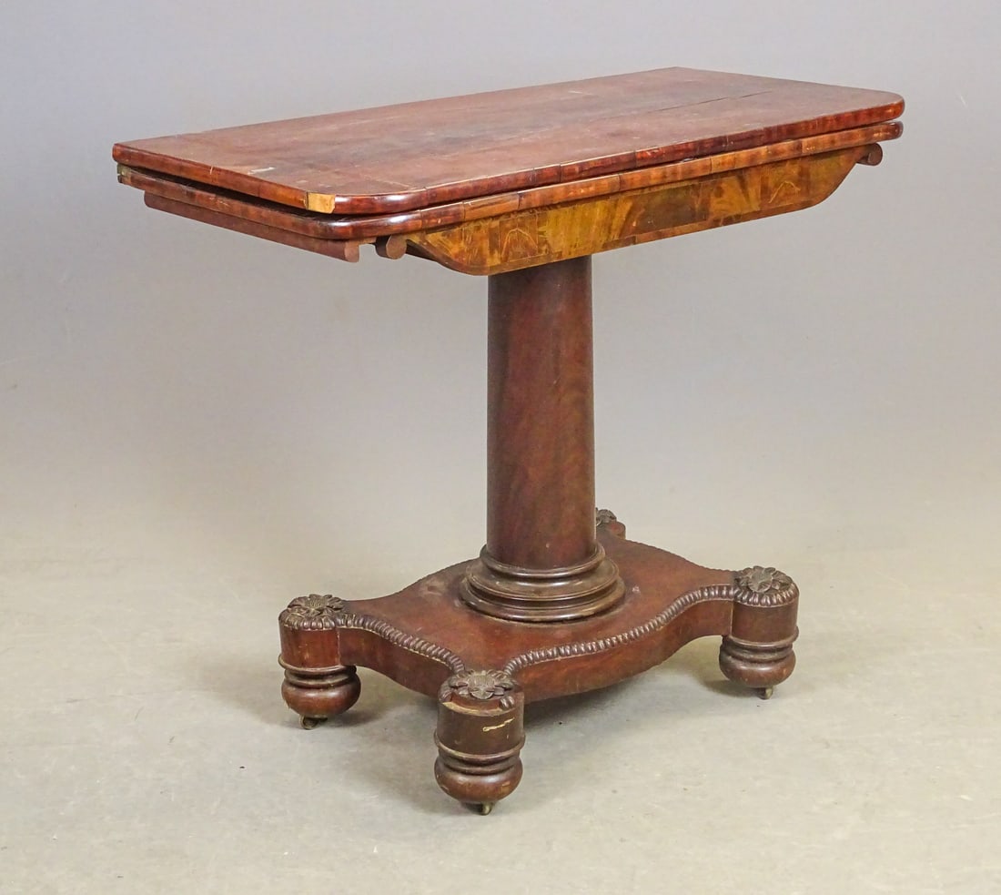 19th c. Classical Mahogany Card Table: 19th c. Classical mahogany card table. 36" x 17 1/2" x 31" Ht.. Losses.
