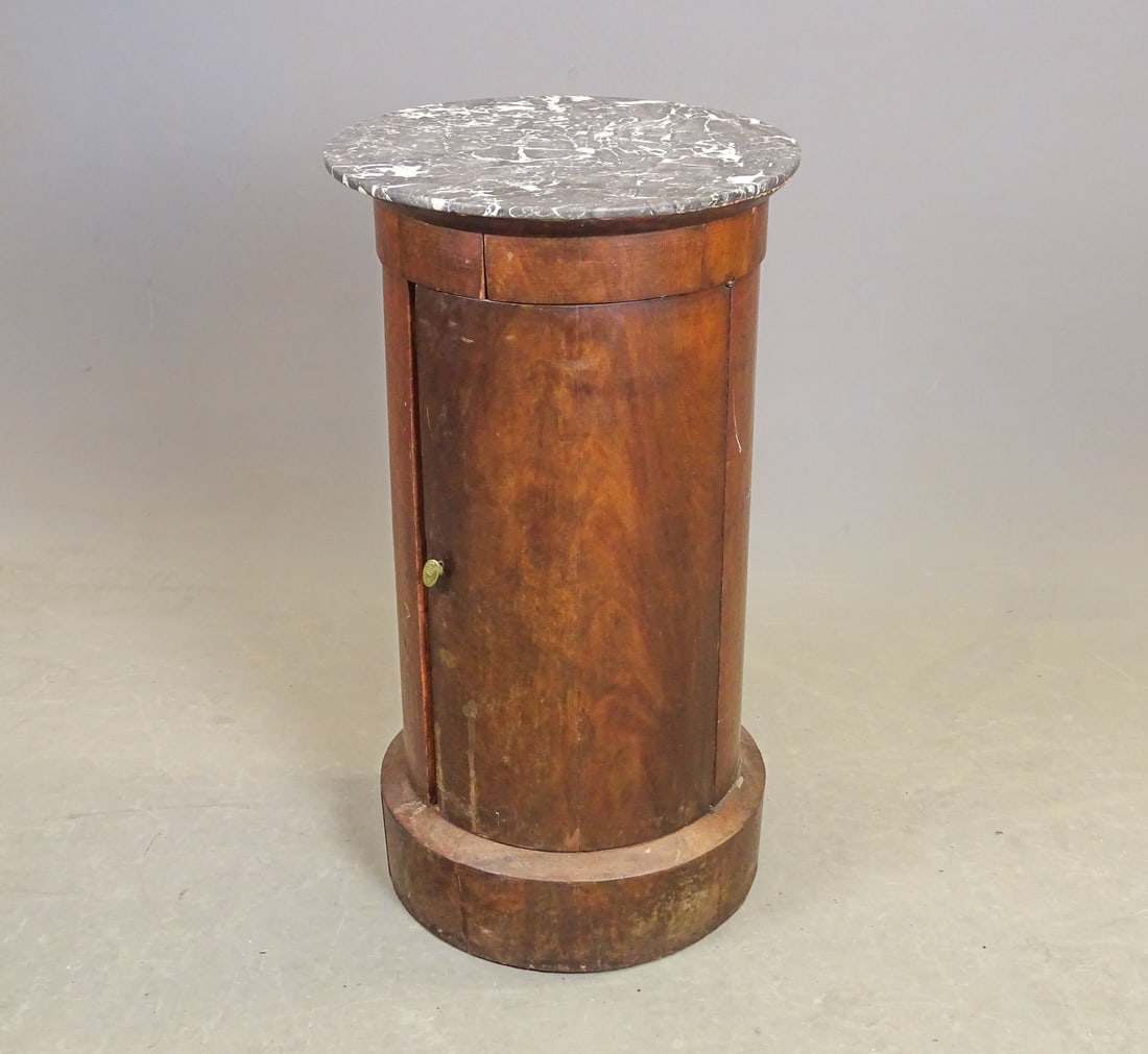 19th c. Marble Top Pot Cupboard: 19th c. marble top Classical mahogany pot cabinet. 15 1/2" D., 29" Ht..