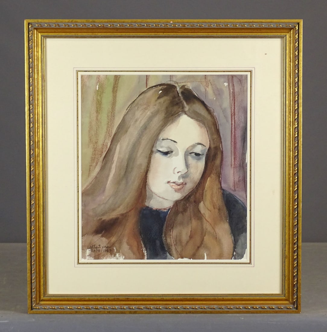 Watercolor Portrait of a Woman: Watercolor portrait of a woman. Signed and dated LLC. Overall in frame 22" x 20 1/2".