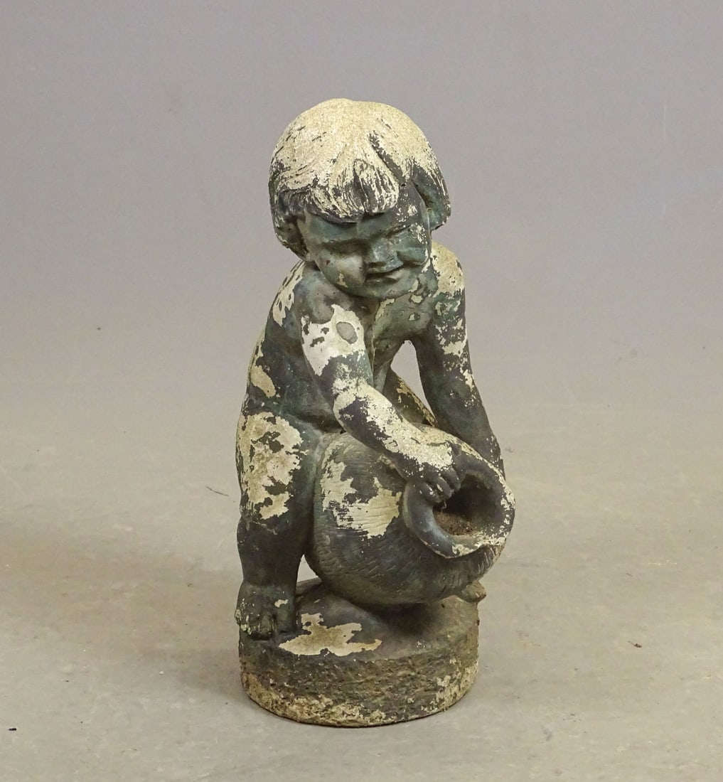Poured Stone Garden Figure: Poured stone garden figure of a boy. Stamped on back base. 23" Ht..