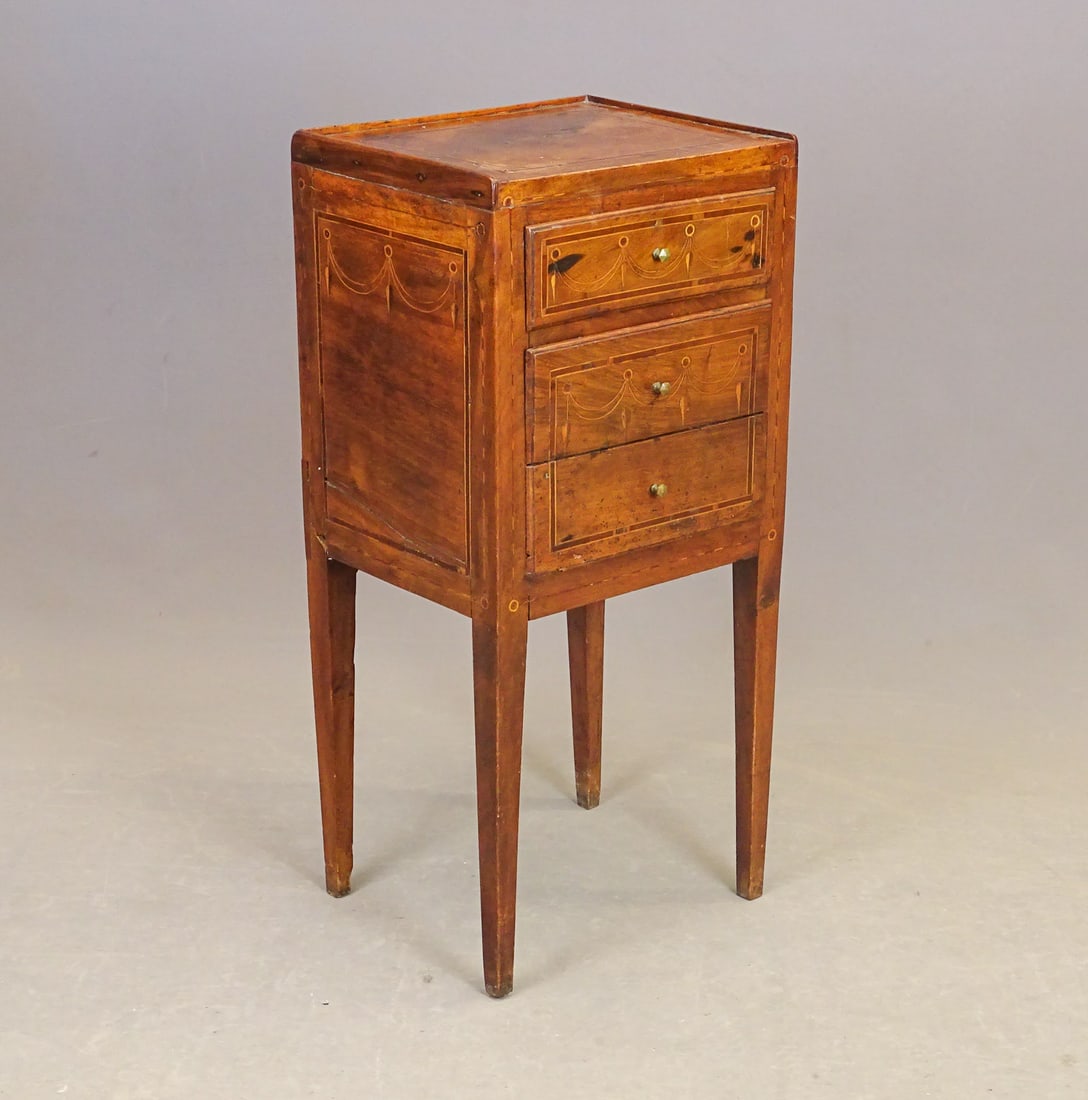 19th c. Hepplewhite Stand: 19th c. Hepplewhite mahogany inlaid three drawer stand. 14 1/2" x 12" x 30 3/4" Ht..