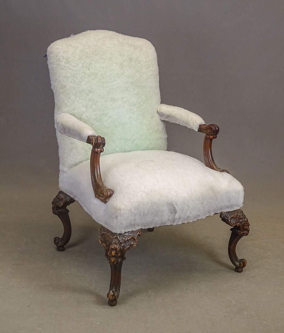 18th c. Chippendale Armchair: 18th c. English Chippendale armchair having carved arms and legs. Needs upholstery. 19" seat Ht., 40" overall Ht.