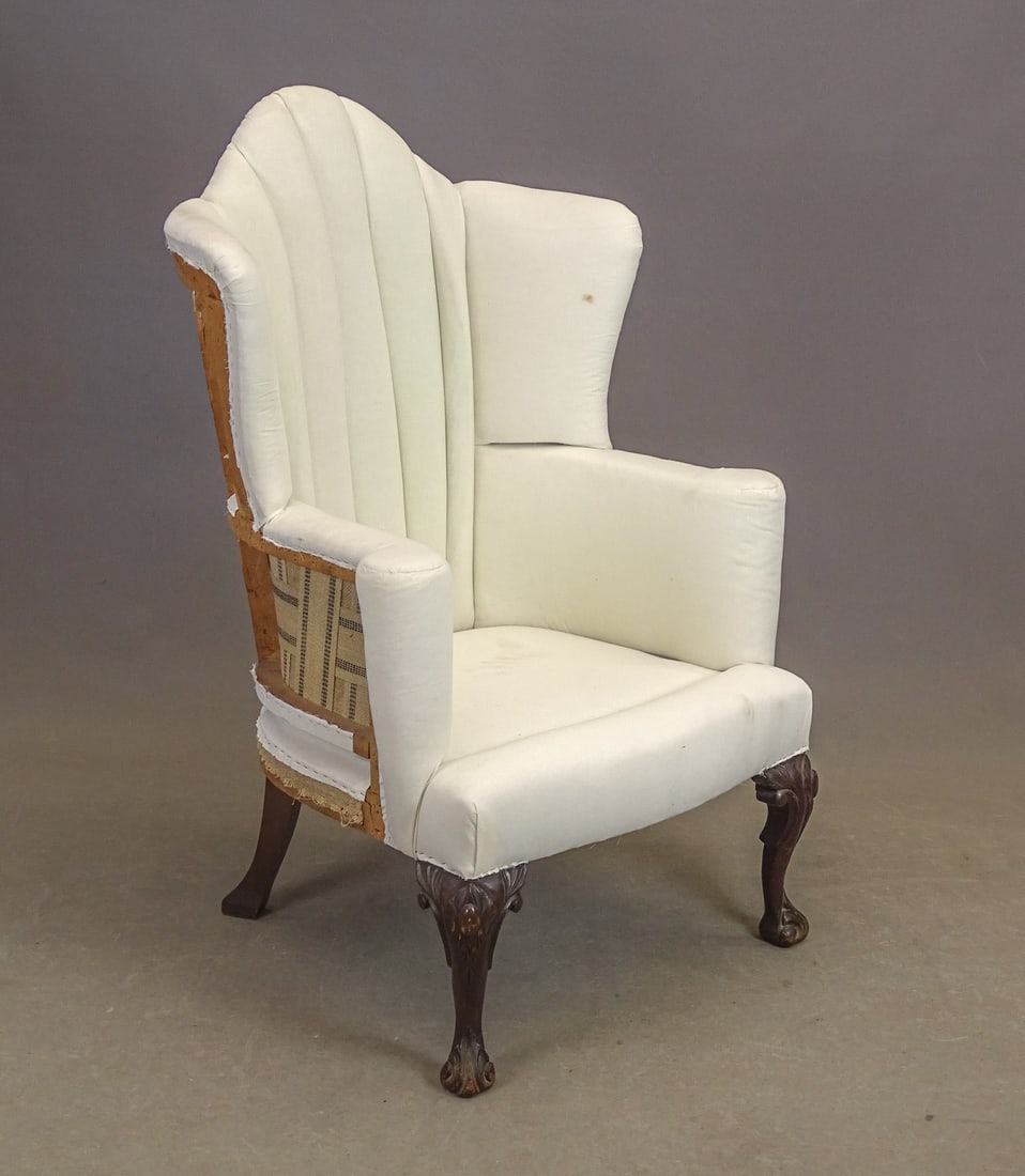 Early Camelback Wing Chair: C. 1900 camelback wing chair. Needs upholstery. 16" seat Ht., 44 1/2" overall Ht..