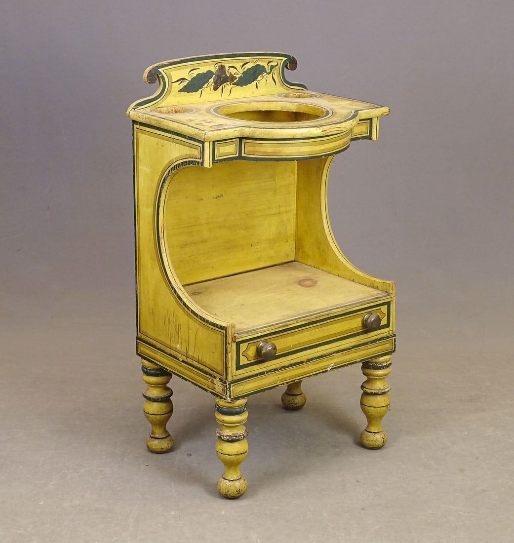 19th c. Commode: 19th c. New England Sheraton commode. Paint decorated. 19 1/4" x 13 3/4" x 34 1/2" Ht..
