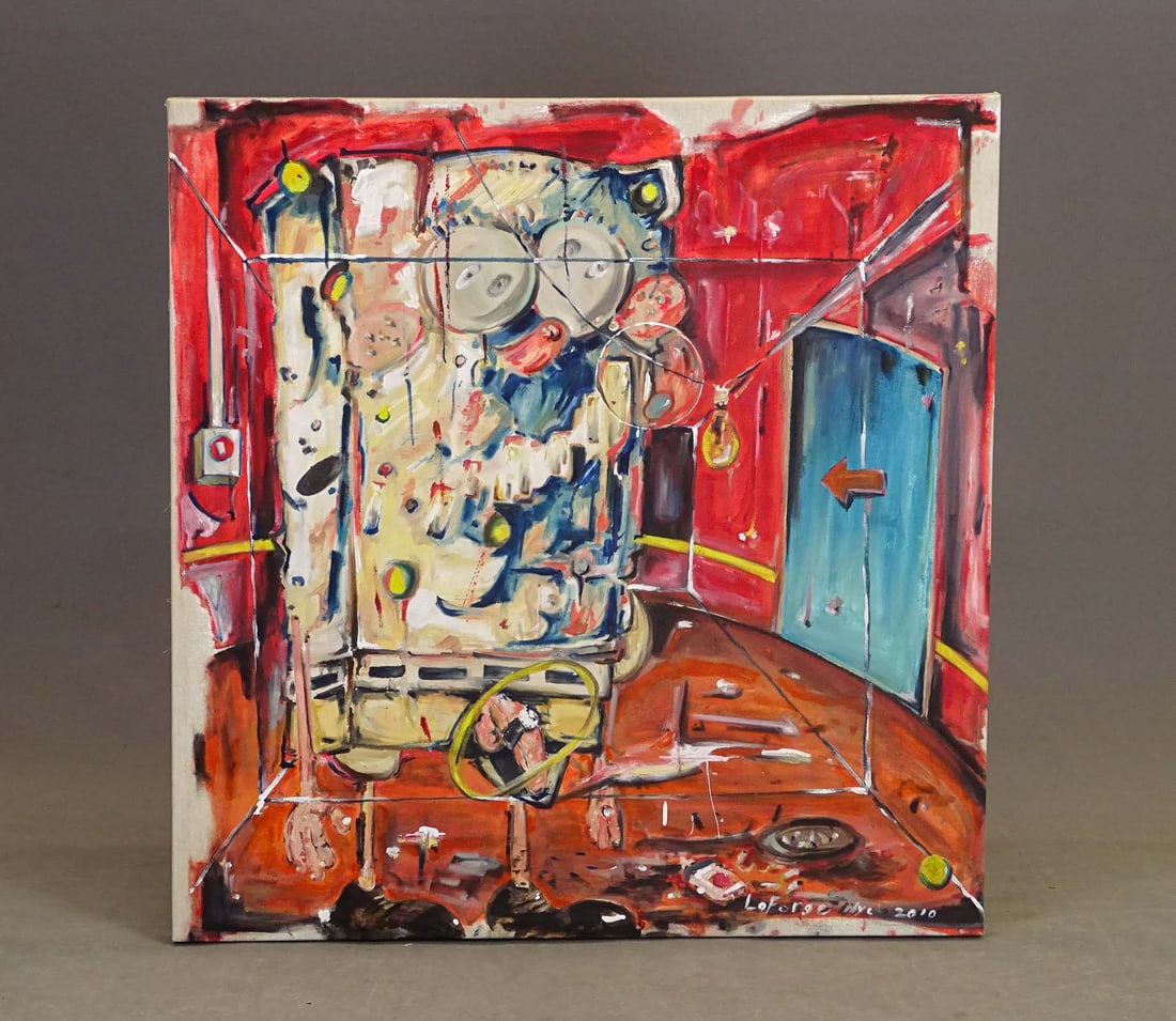 Painting; Scooter LaForge (b. 1971): Painting; Scooter LaForge (b. 1971), abstract, interior. Oil on canvas. Marked on canvas. 37" x 36".