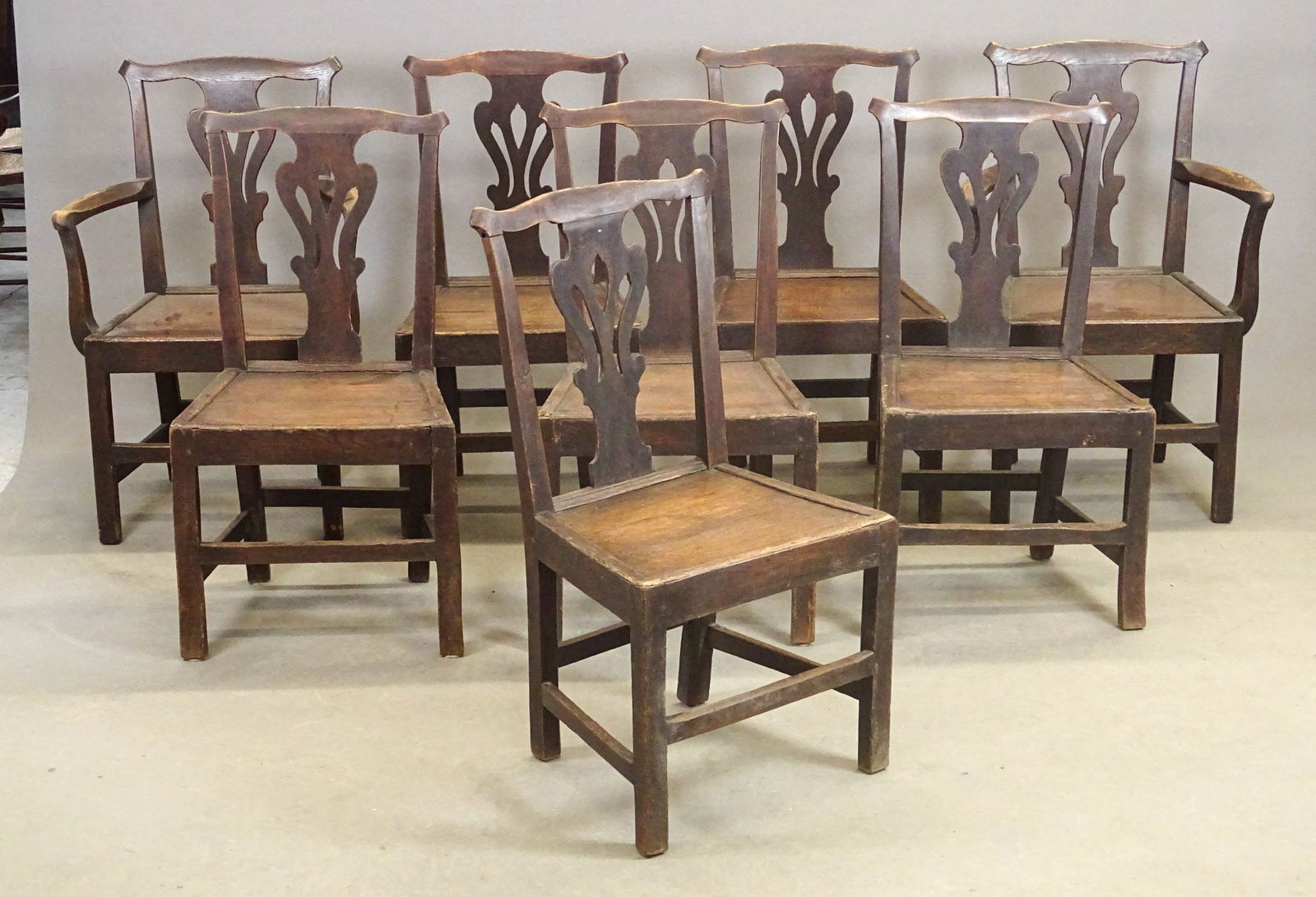 Set of (6) 19th c. English Dining Chairs: Set of (6) 19th c. English oak plank seat dining chairs (2) arms. 18" seat Ht., 36 1/2" overall Ht..