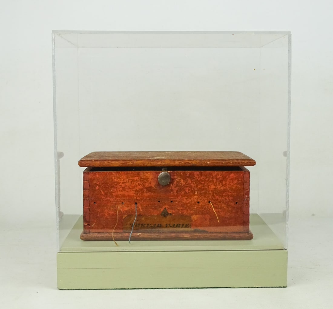 19th c. Shaker Sewing Kit: 19th c. Shaker sewing kit. Labeled front. 6 1/2" x 4" x 3". Comes in case (overall 8 1/2" x 6 1/2" x 9 1/2".