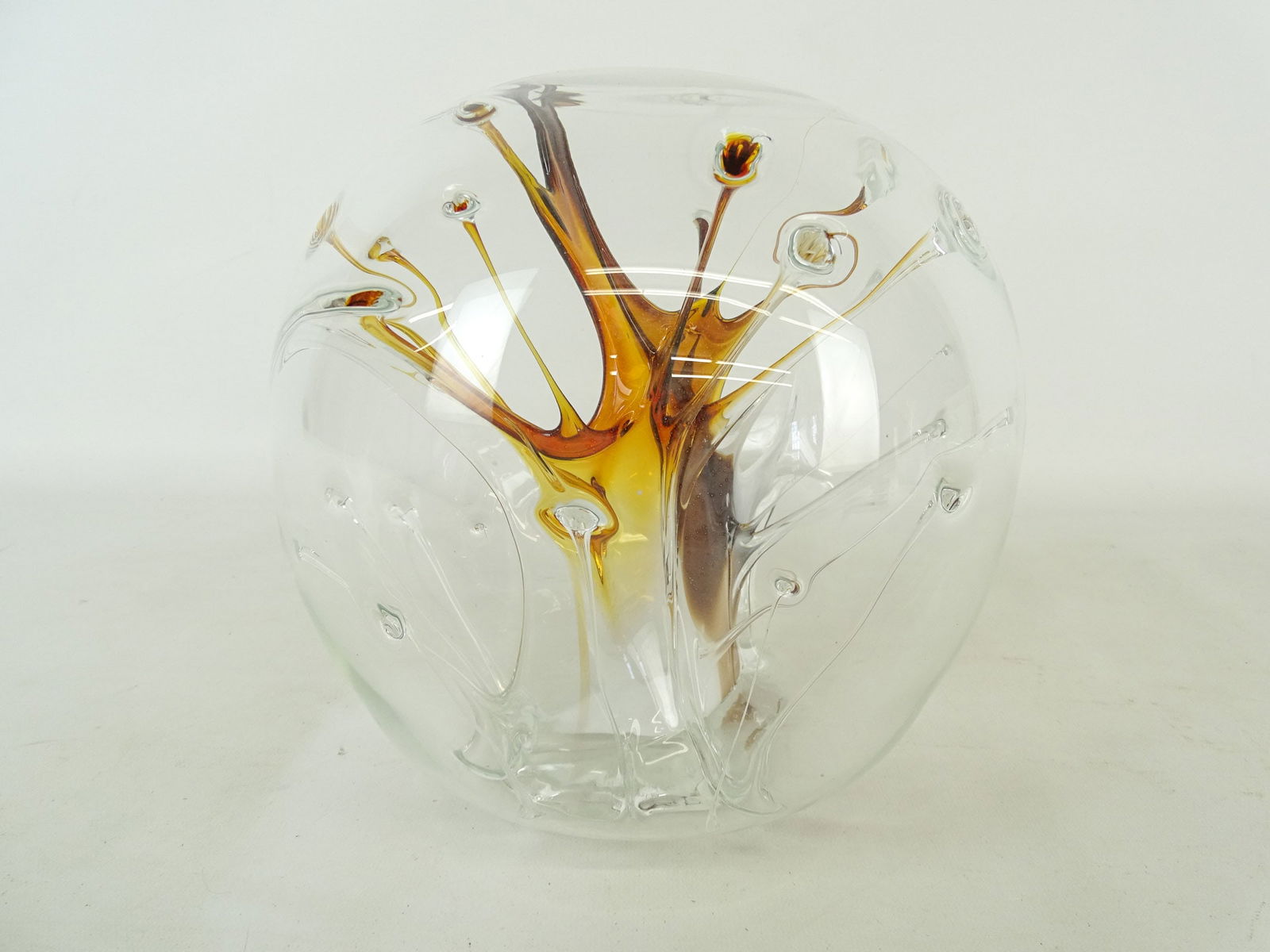 Peter Bramhall Art Glass Vase: Peter Brahmall art glass vase. Signed and dated underside 1985 "I Like Ripe Peaches". 9" D., 9" Ht..