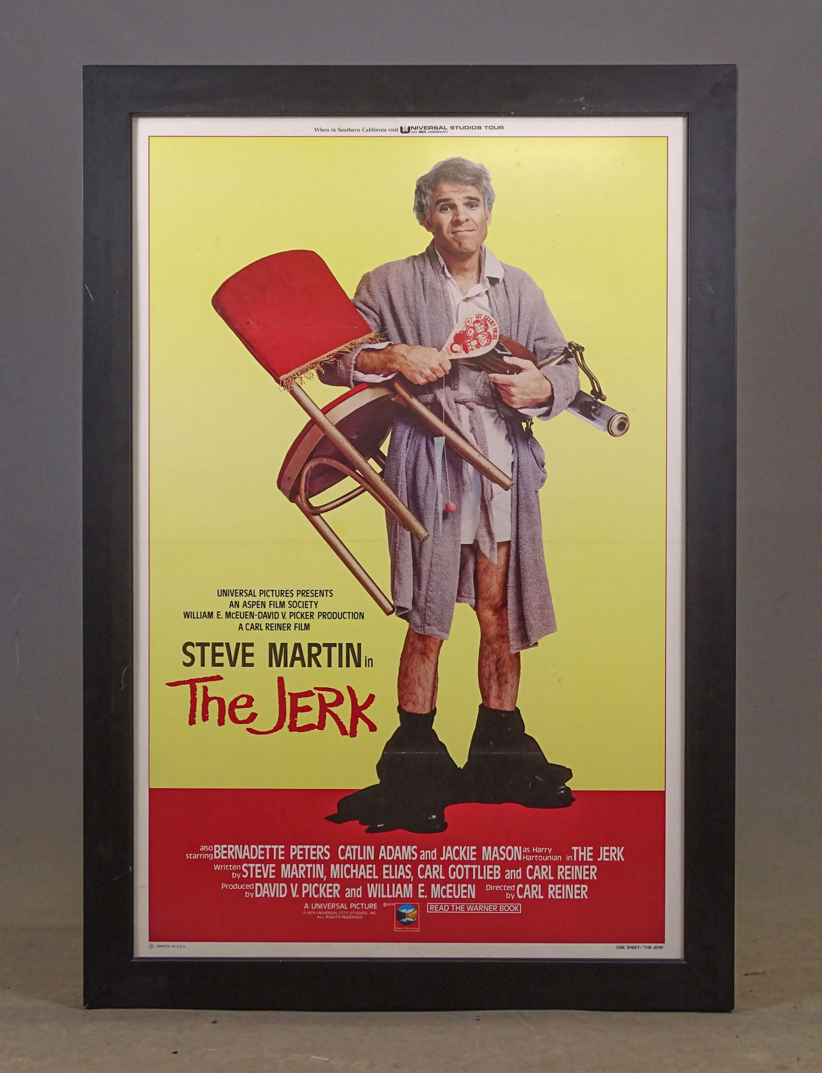 The Jerk Movie Poster: Steve Martin "The Jerk" framed movie poster. Sight 40 1/2" x 26 1/2", overall 46 1/2" x 31 1/2".