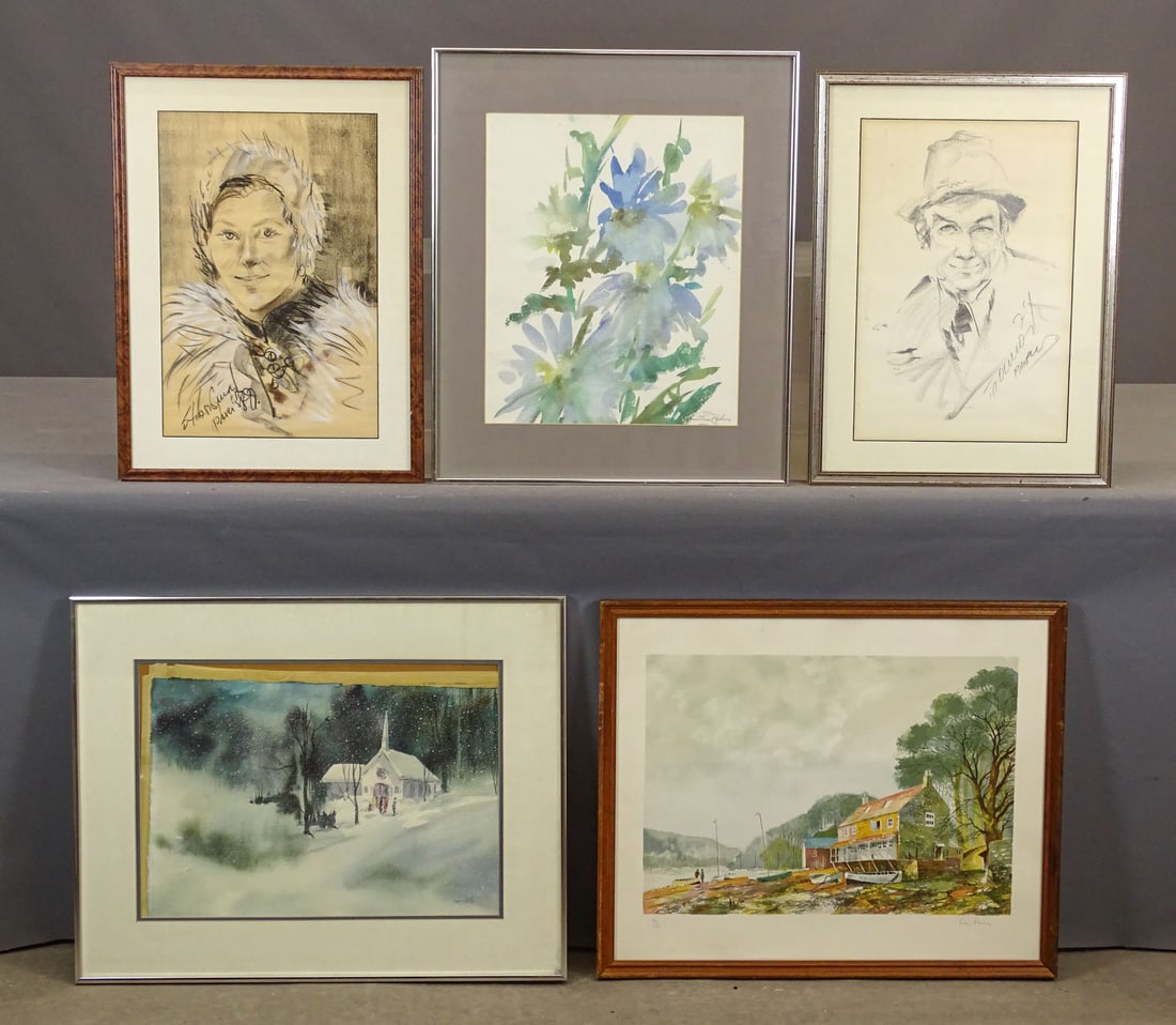 Artwork Lot: Lot (5) pieces of assorted artwork including (2) original signed drawings, watercolor, signed print. Largest frame 22" x 28".
