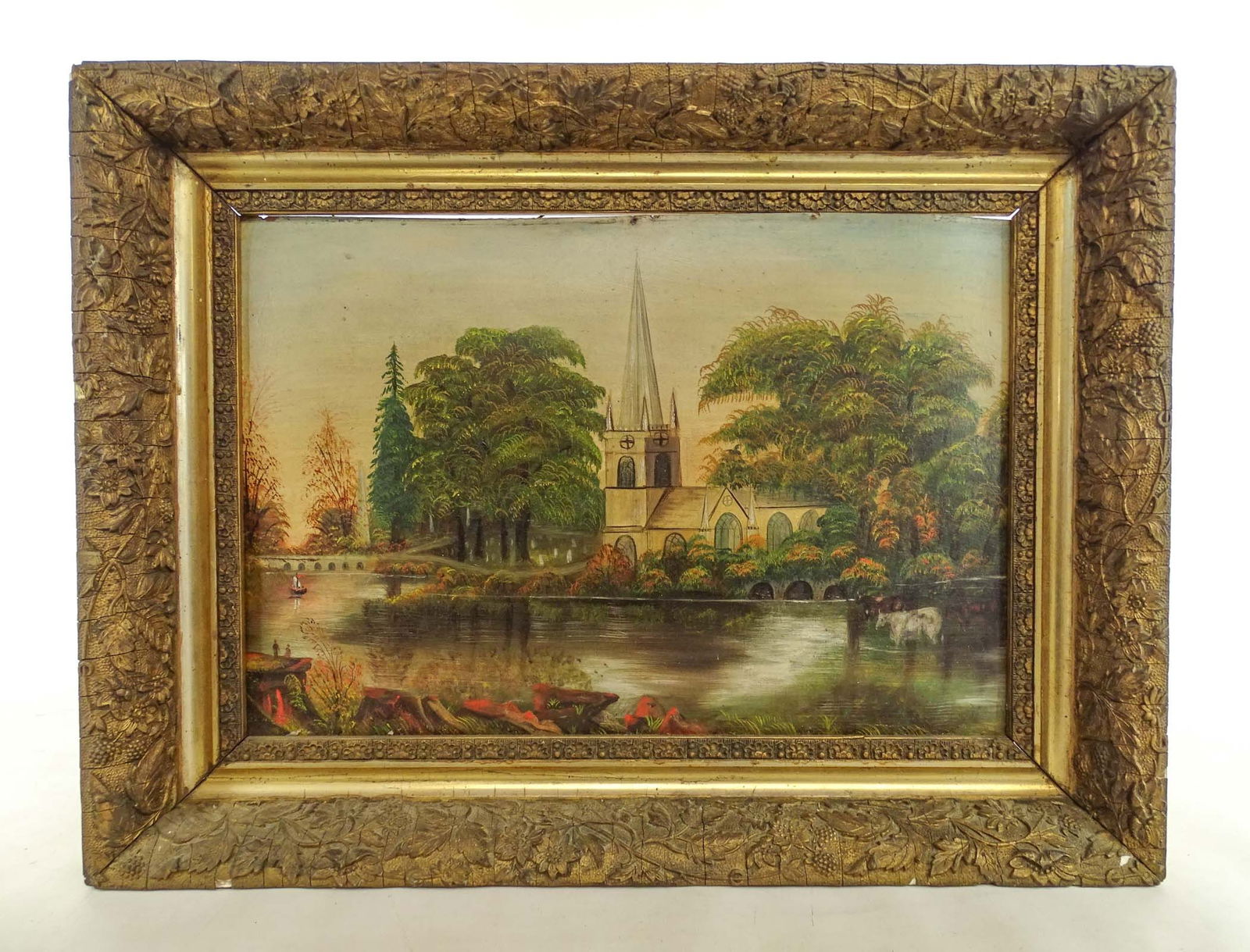 Painting: 19th c. Landscape: Painting: 19th c. landscape with building. Oil on panel. Overall in frame 17 1/2" x 23".