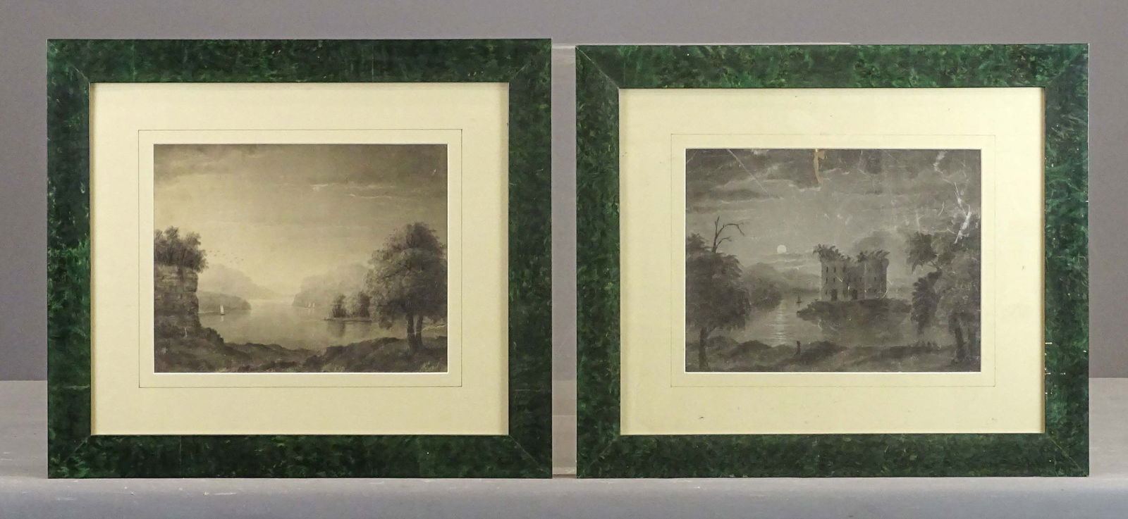 19th c. Sandpaper Drawings: Two 19th c. sandpaper drawings. Both river landscapes. Overall in frames 16 1/2" x 19 1/2".