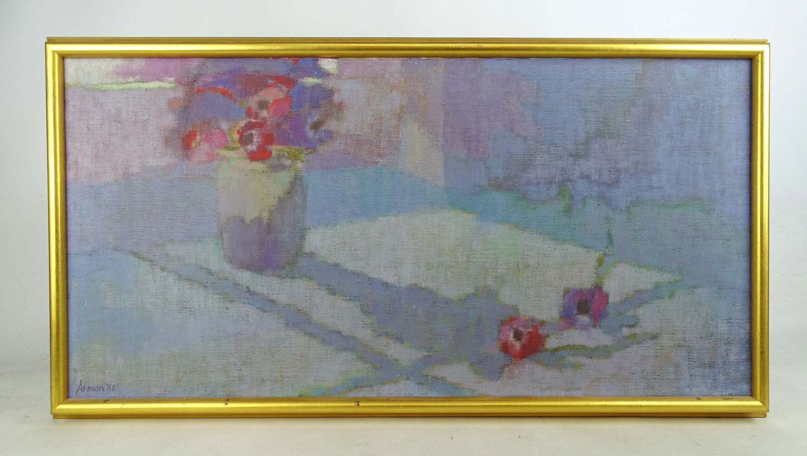 Painting Signed "Arman": Painting: Still life with fruit. Signed LLC "Arman '62". Oil on canvas. 15 1/2" x 31 1/2", overall 18" x 33 1/2".