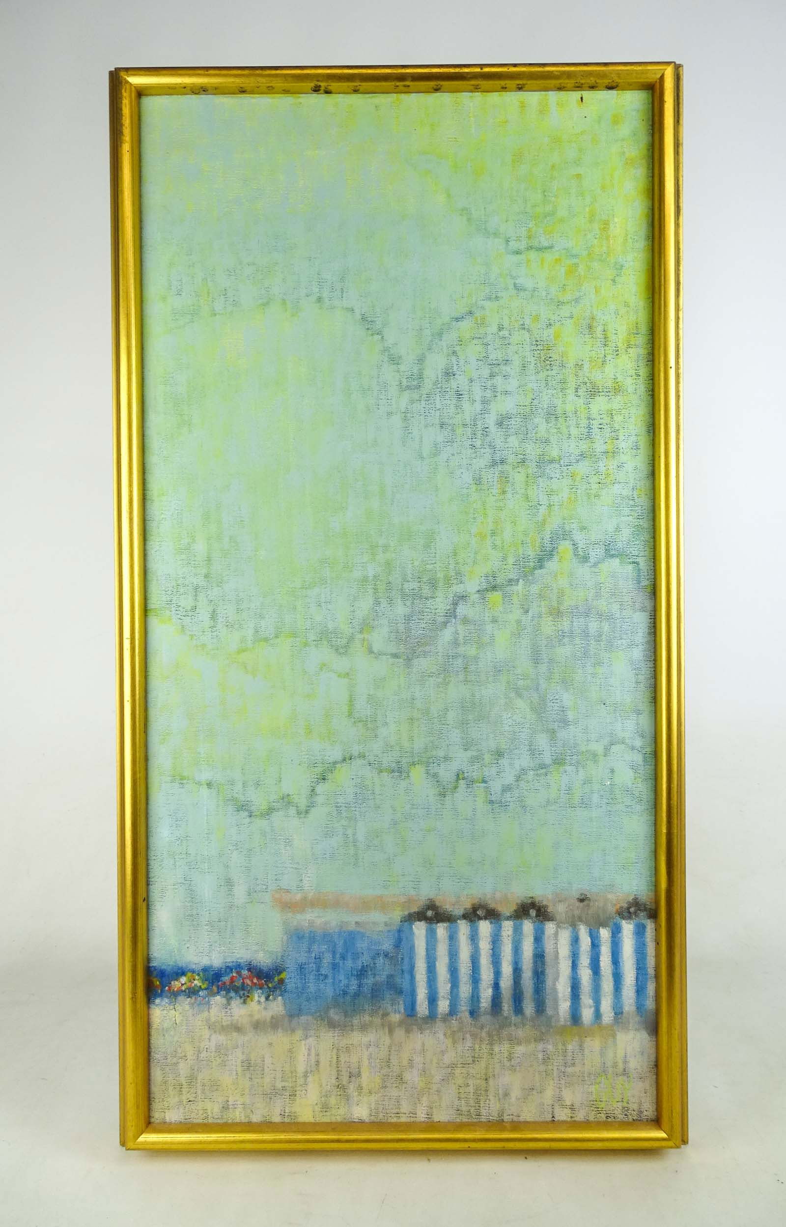 Roger Guy Charman (20th Century): Painting: Roger Guy Charman (20th Century), abstract. Signed verso "Roger Guy Charman-Positano 1960". Oil on canvas. 32" x 15 1/2", overall 18" x 33 1/2".