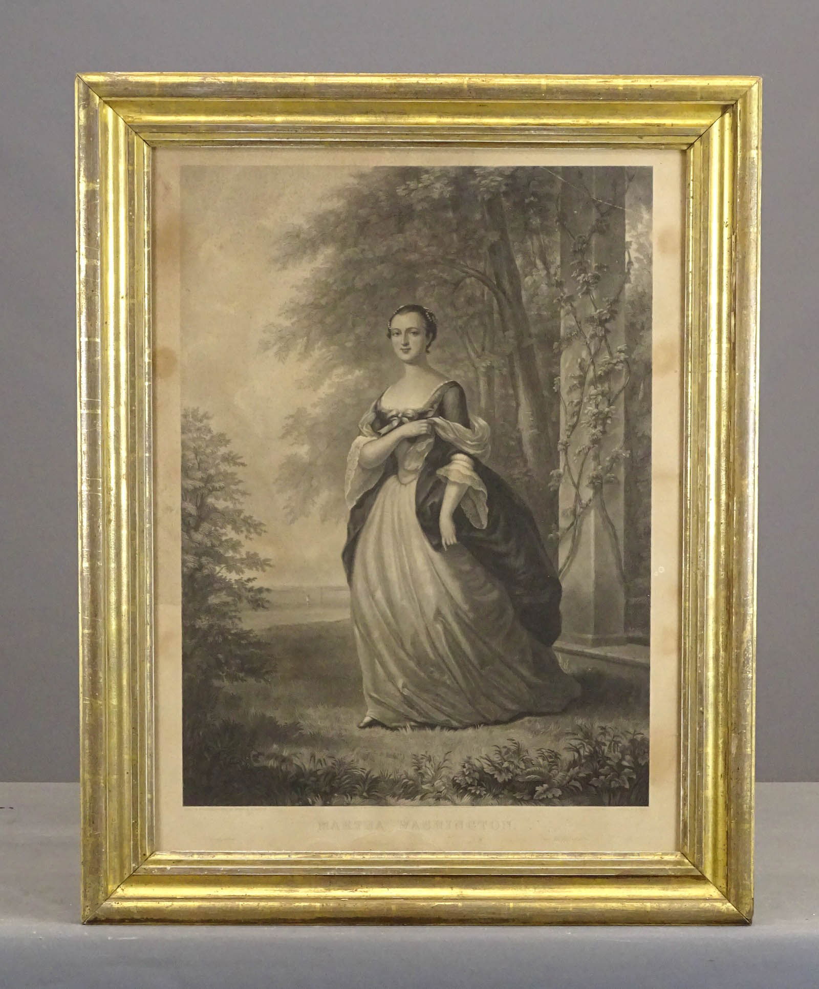19th c. Steel Engraving "Martha Washington": 19th c. framed steel engraving "Martha Washington". Overall in frame 34 1/2" x 27 1/2". Gilded frame.