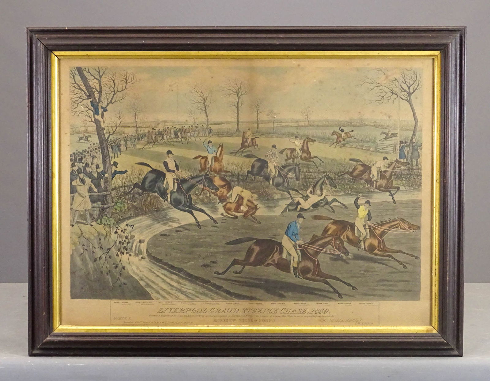 19th c. English Horse Racing Print: 19th c. English horse racing print "LIVERPOOL GRAND STEEPLE CHASE. 1839". Overall in frame 25" x 35".