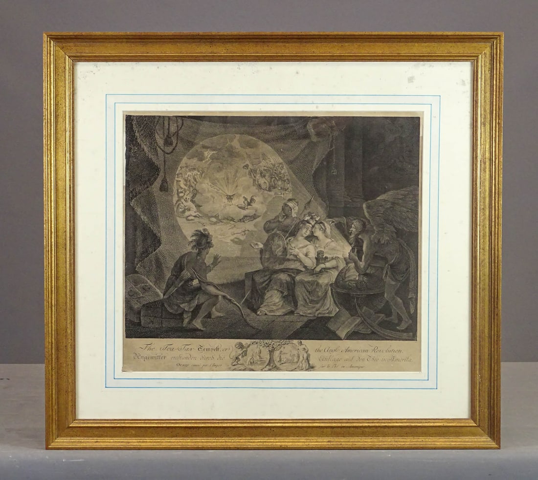 19th c. Historical Engraving: 19th c. Historical engraving "The Tea-Tax….or the Anglo-American Revolution…". Overall in frame 24" x 26".