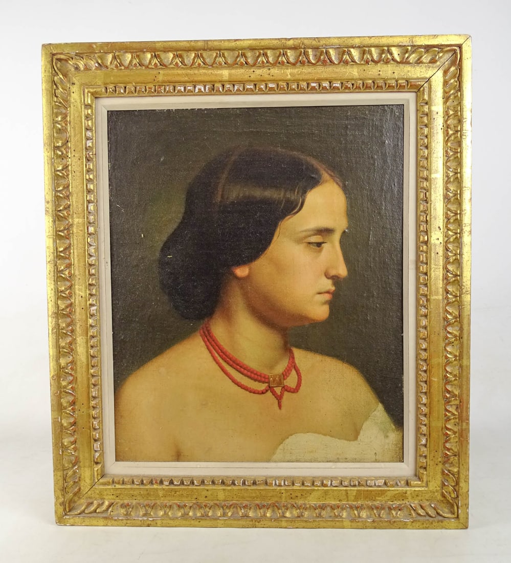 Painting: 19th c. Portrait of a Woman: Painting: 19th c. portrait of a woman. Oil on panel. Overall 23" x 20", gilded frame.