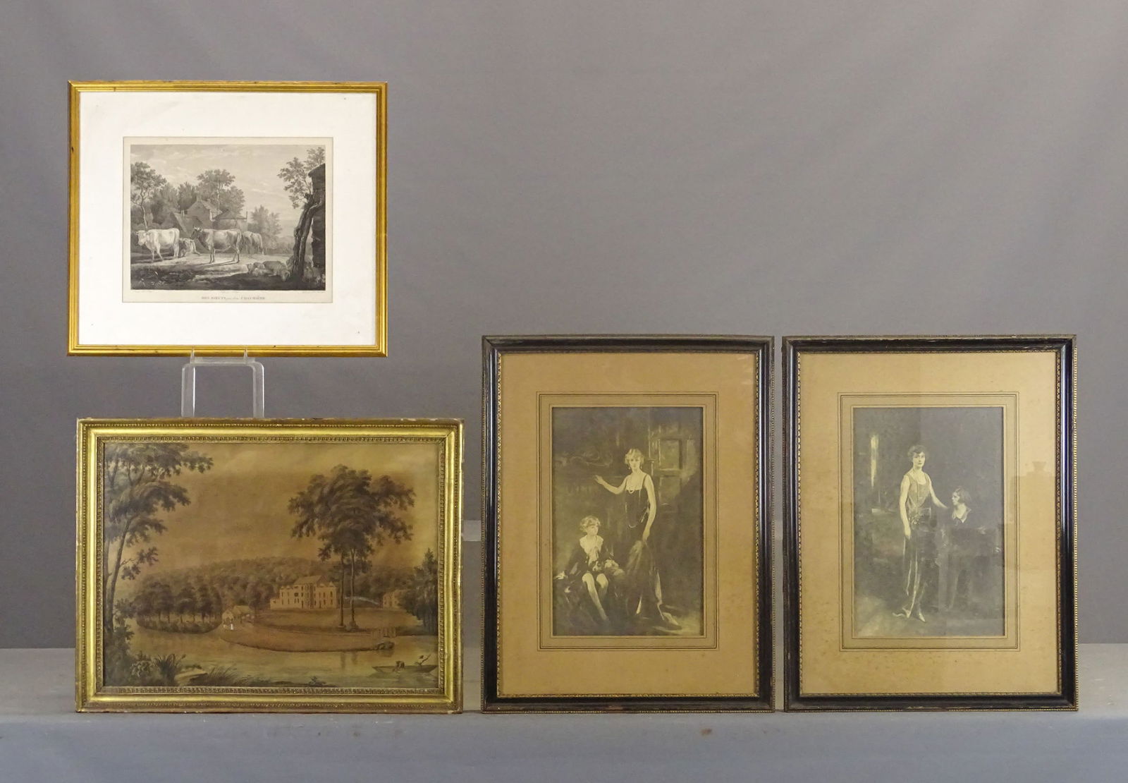 Artwork Lot: Artwork lot including: 19th c. chromolithograph landscape (overall in frame 20" x 26", gilded frame), print "DES BOUEFS…CHAUMIERE" (overall 19 1/2" x 22"), pair of Continental prints with posed