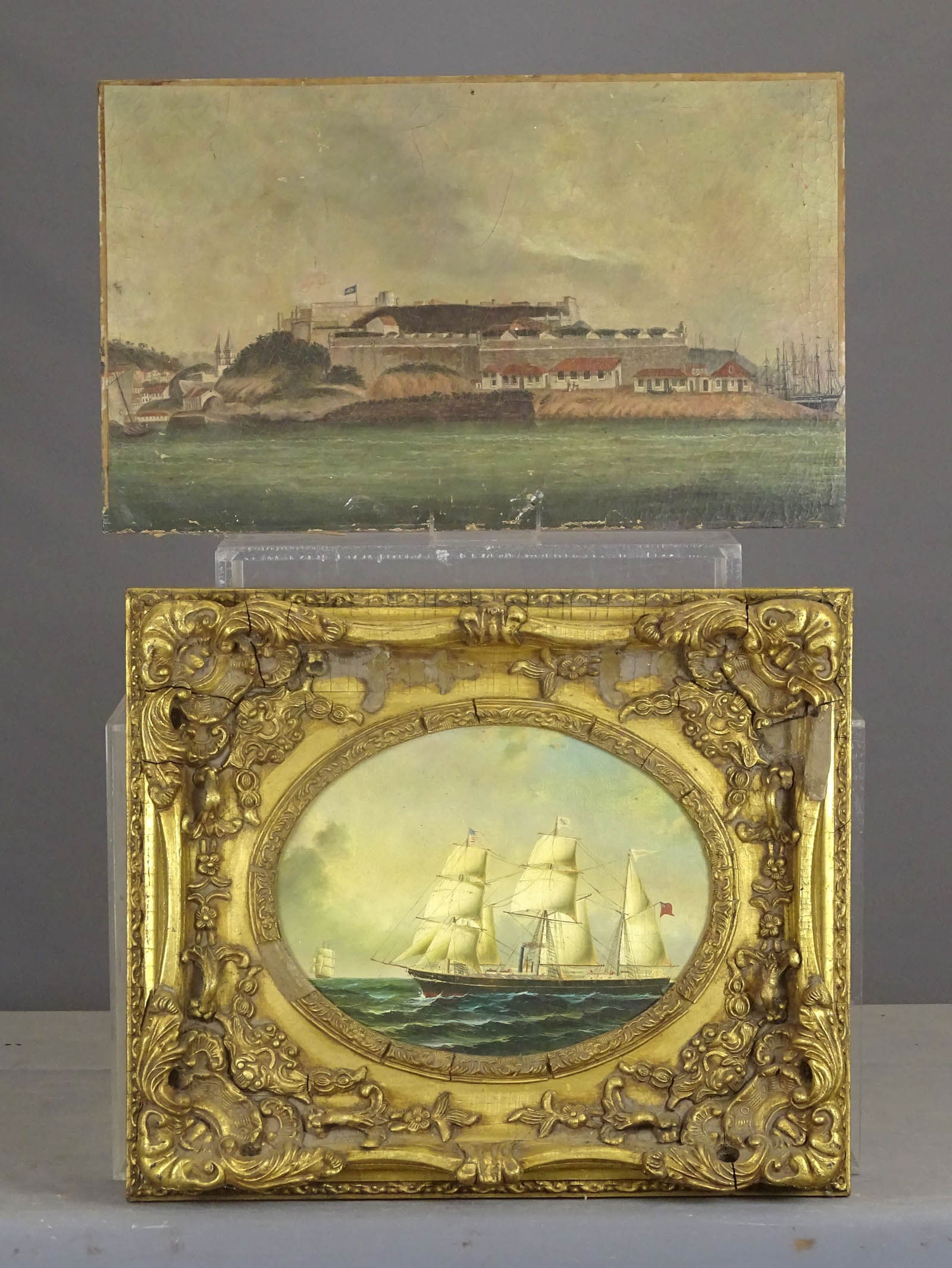 Artwork Lot: Artwork lot including: Seaside Fortress (oil on canvas laid to wood panel, overall 16 1/2" x 25 1/2"), seascape (oil on canvas, frame "as is", overall 21" x 25").