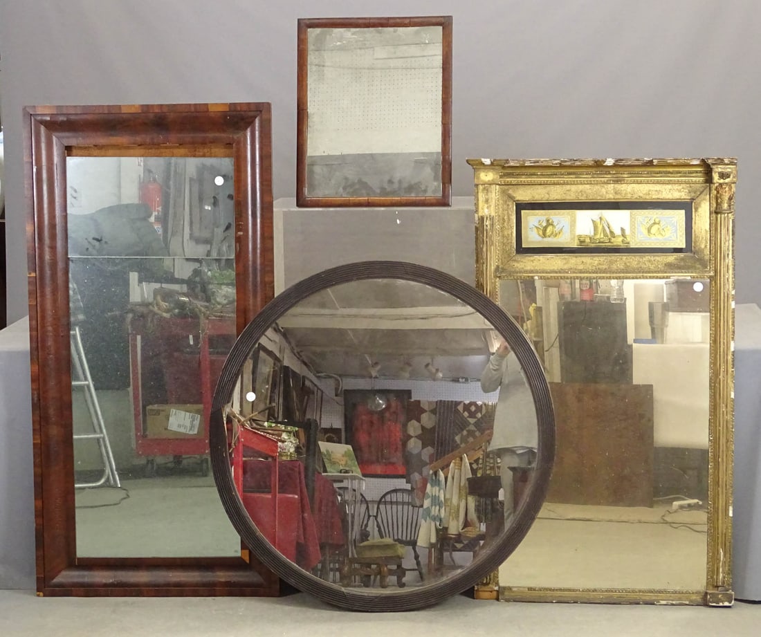 Mirror Lot: Lot of (4) assorted 19th c. mirrors. Mostly "as found" condition. Includes: Mahogany (22" x 18"), mahogany Ogee (58" x 28"), Federal with eglomaise panel (51" x 30"), round reeded (40 1/2" D.).