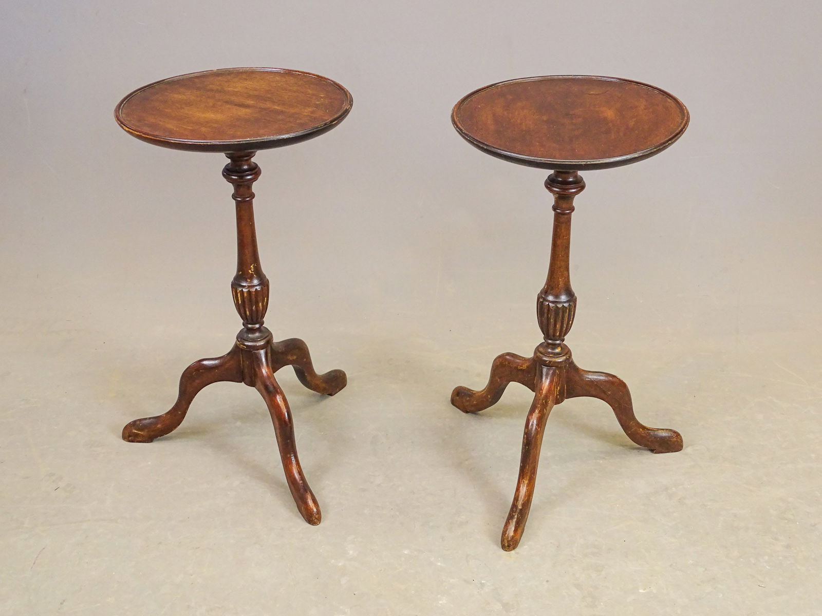 Pair Mahogany Side Tables: Pair of mahogany Queen Anne style side tables. 11" D., 20" Ht..