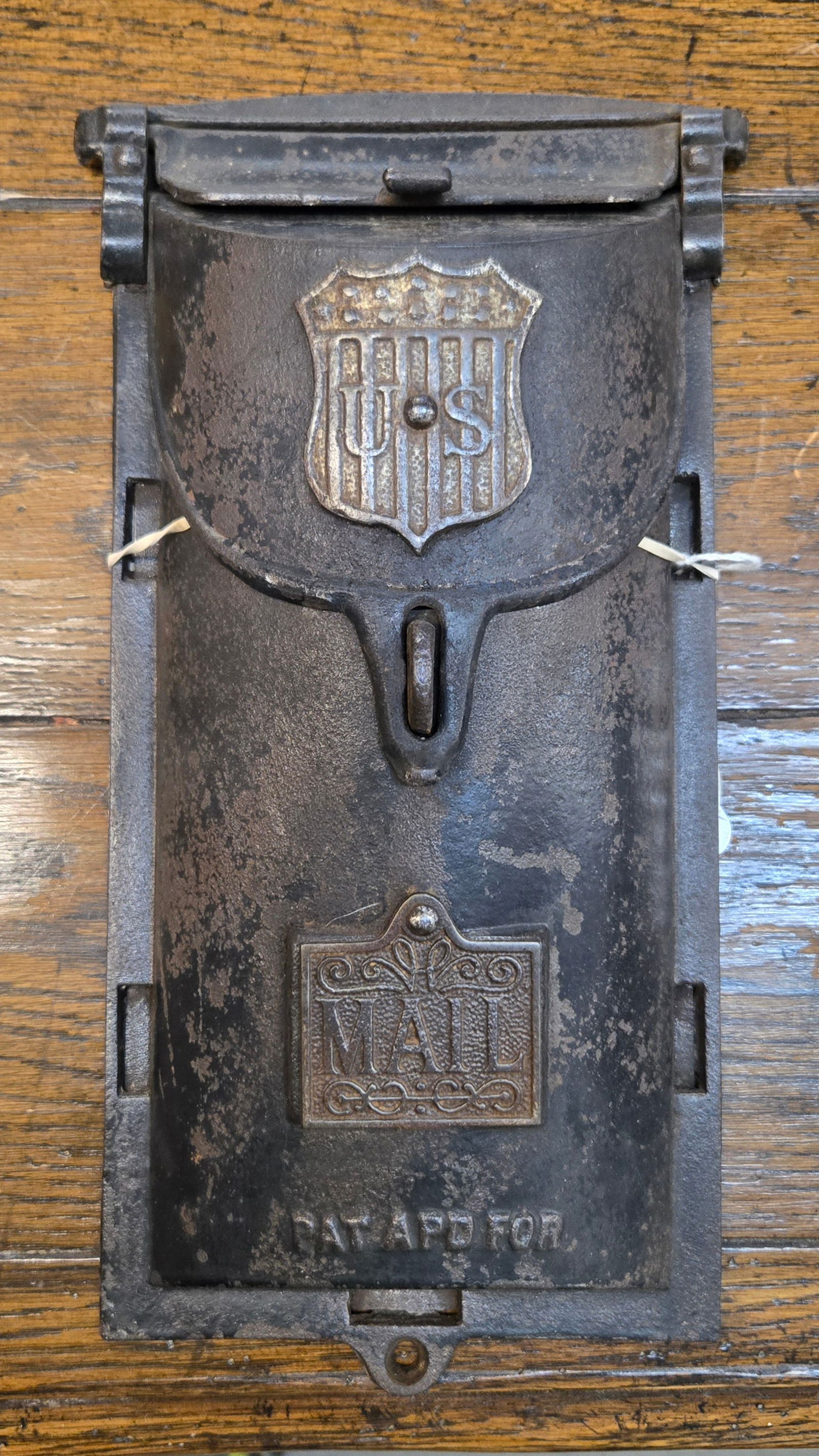 Cast Iron Mailbox: Cast iron antique mailbox, in two parts, as is.. 11" Ht..