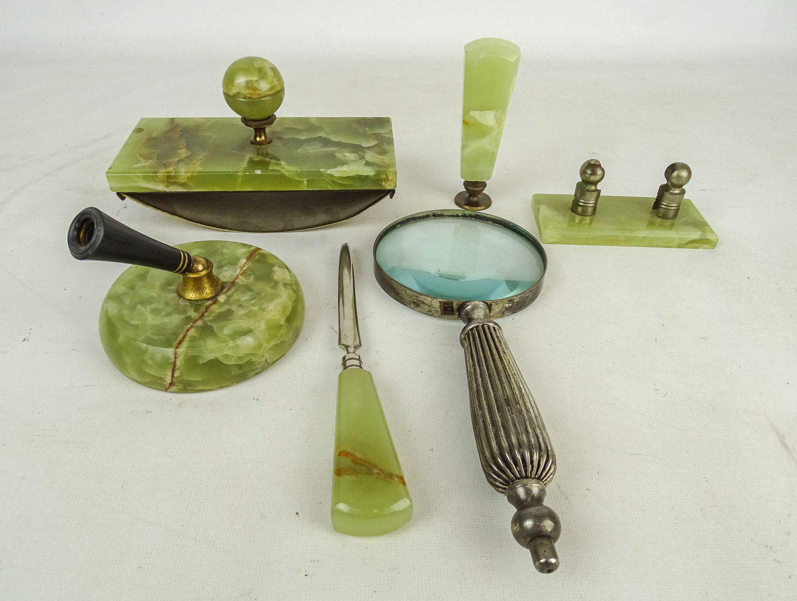 Alabaster Desk Set: Vintage alabaster desk set. Along with magnifying glass (10" L.).