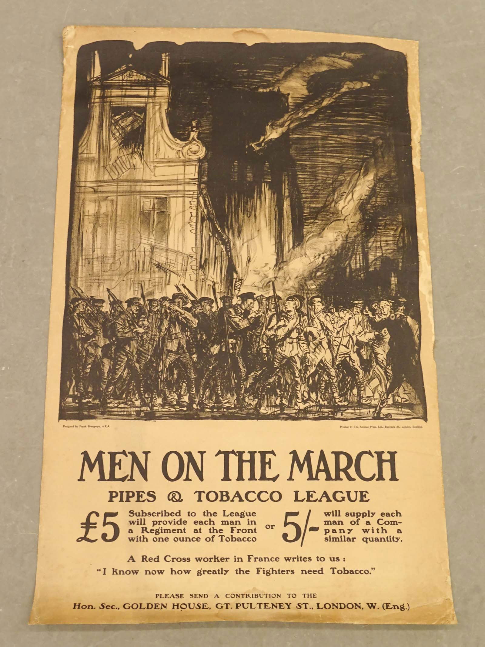 WWI Poster: WWI poster "MEN ON THE MARCH…" (England). Linen backed. 40" x 25".