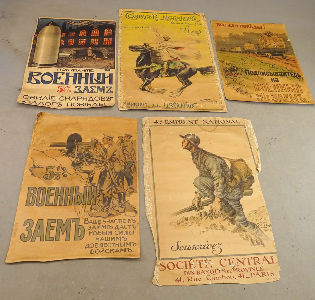 WWI Posters: Three Russian and European WWI posters. Linen backed. 37 1/2" x 26", 39 1/2" x 27", 39" x 25 1/2"., 47" x 30" and 44" x 26".