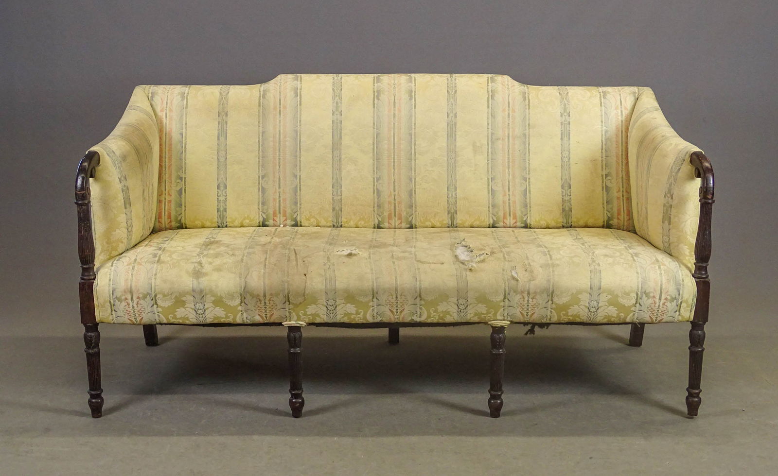 North Shore Settee: Early 19th c. North Shore mahogany settee. One arm has a break, needs new upholstery. 65" x 28" x 34".