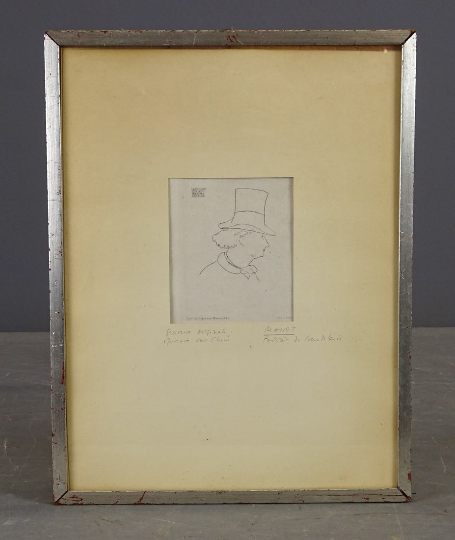 Edouard Manet (1832-1883): Edouard Manet (1832-1883). Etching, portrait of French Poet Charles Baudelaire. Marked LLC "Peint et Grave par Manet 1862". Sight 4" x 3 1/2", overall in frame 13 1/2" x 10 1/2".