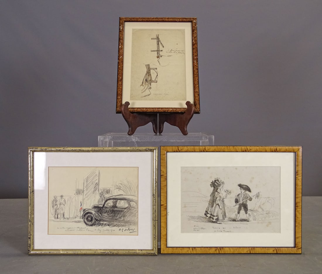 Artwork Lot: Artwork lot including: Original pencil drawing of street scene with automobile (signed illegibly, dated 1940, overall in frame 10 1/2" x 12"), etching "Victoria and Albert as Gothic Peasants" (After S