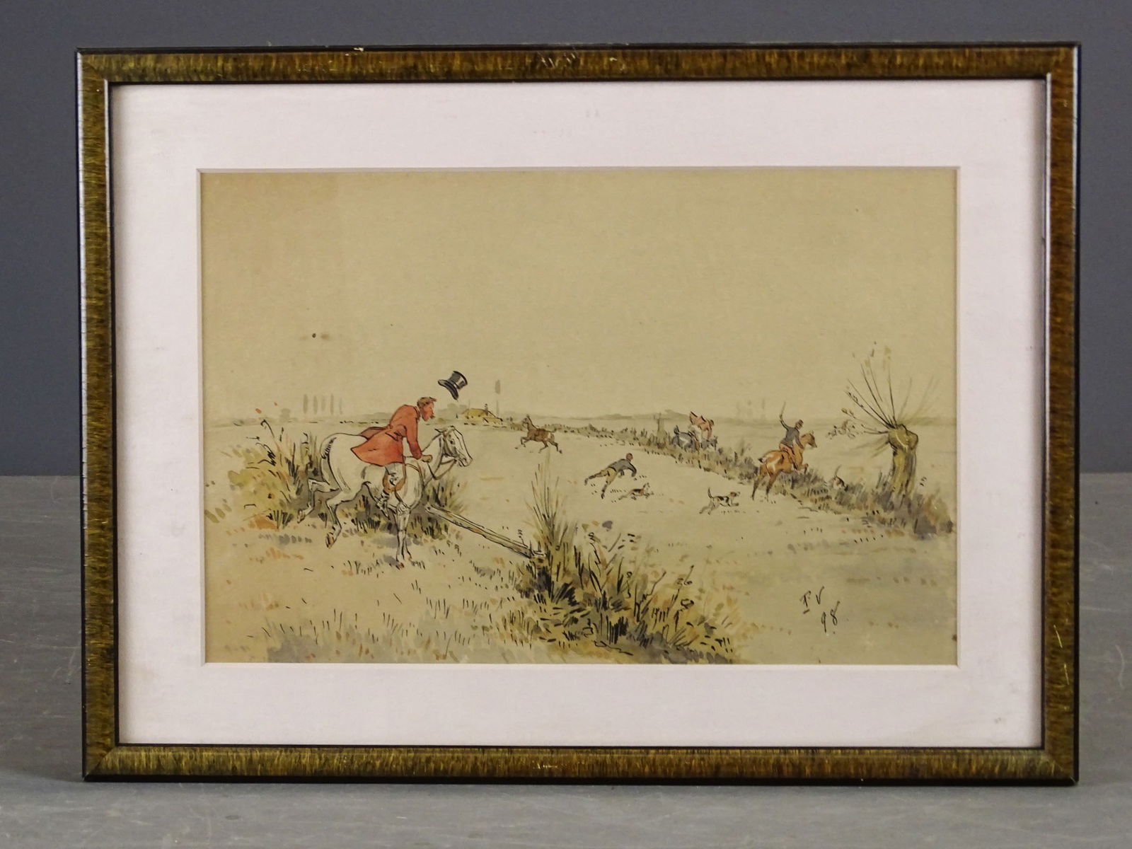 Original Fox Hunting Watercolor: Original watercolor of fox hunt. Marked LRC "IV 98". Overall in frame 11 1/2" x 15".