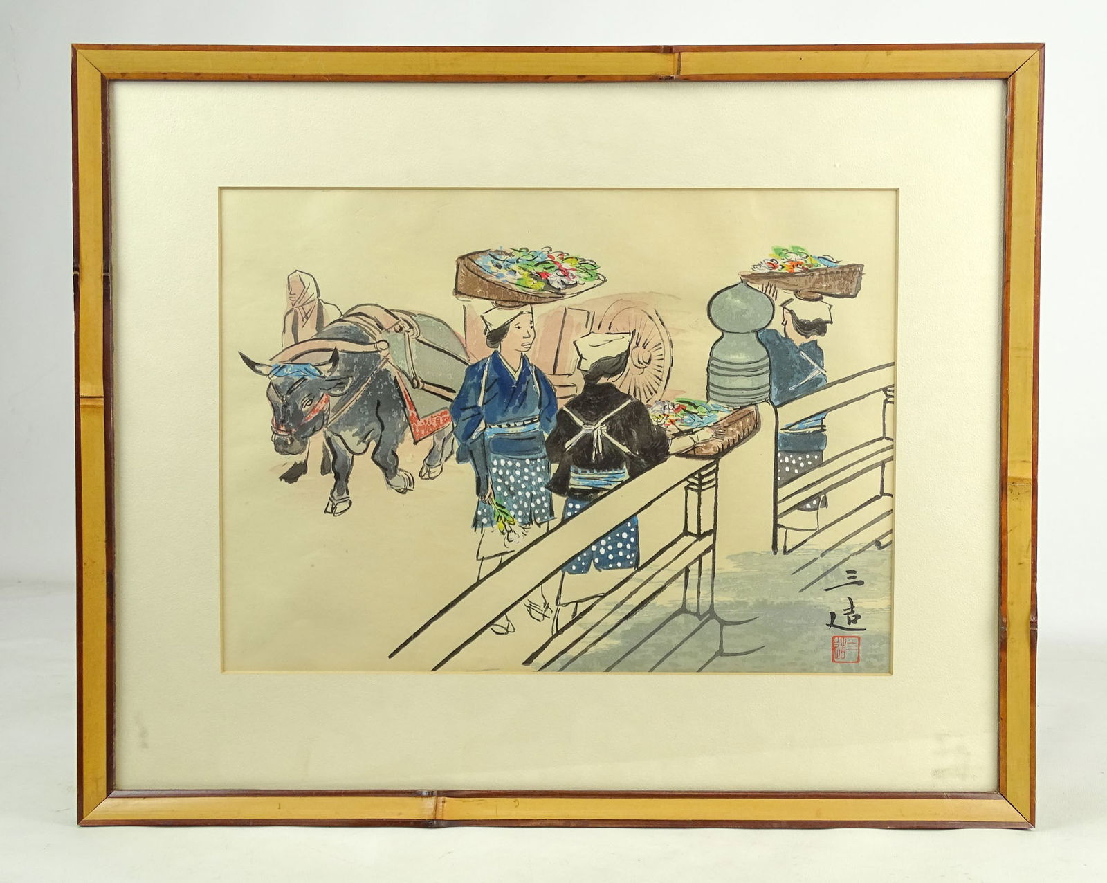 Asian Watercolor: Asian watercolor of figures and animal. Overall in frame 15 1/2" x 18 1/2".