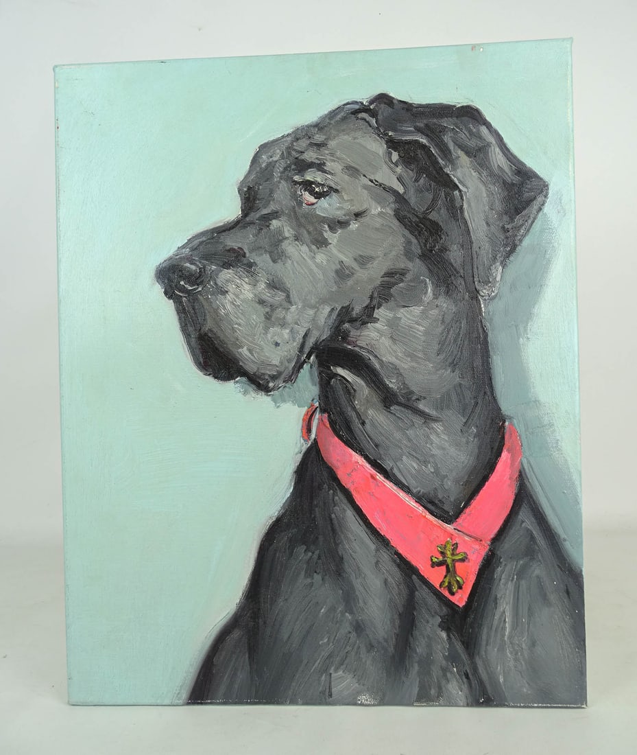 Painting: Dog with Collar: Painting: Dog with collar. Oil on canvas. Unsigned. 19 1/2" x 15 1/2".