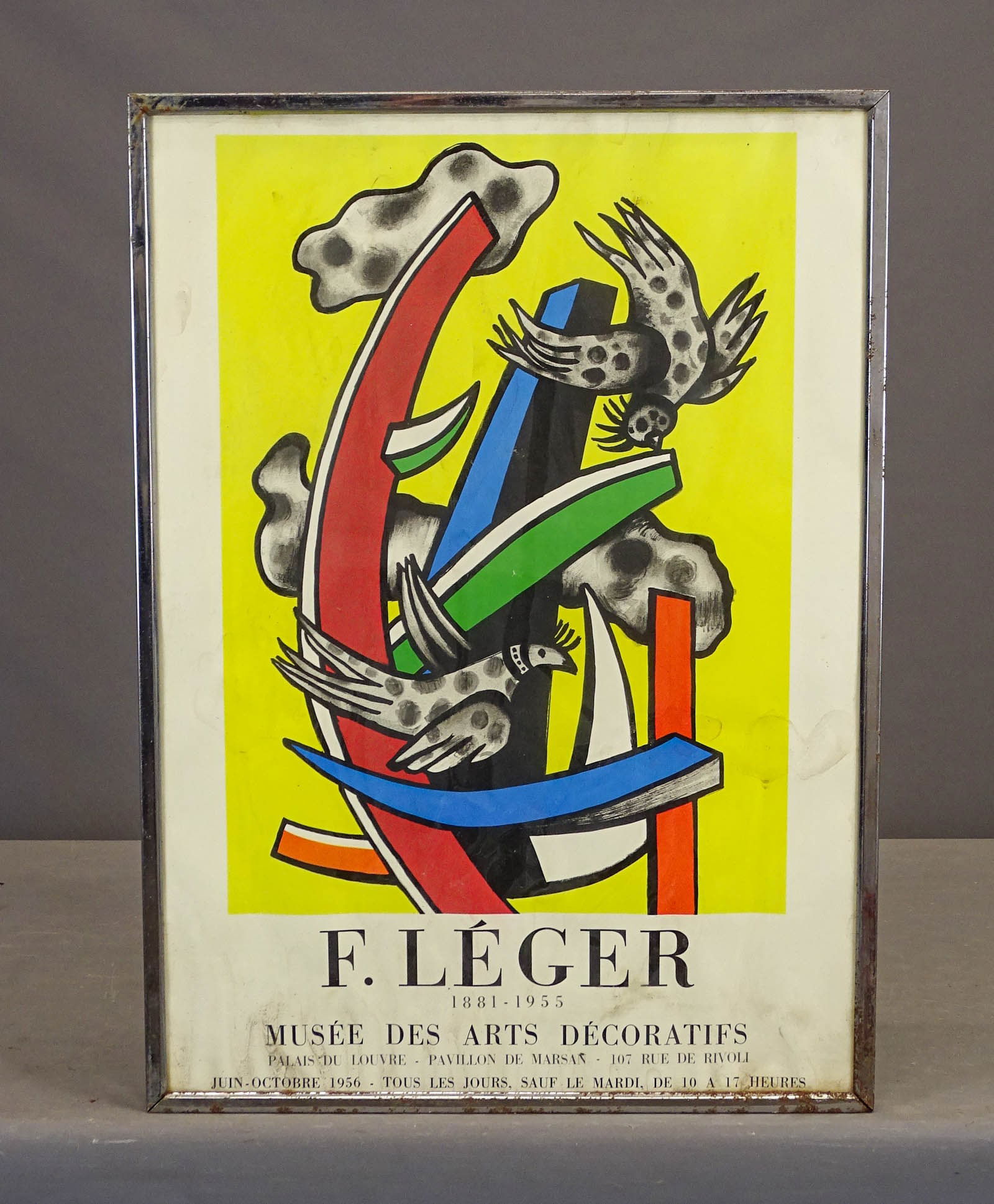 Fernand Leger Exhibition Poster: Vintage Fernand Leger 1956 Exhibition Poster for Exhibit at Musee in Paris. As is, frame rusty, poster needs cleaning. Overall 29" x 21".
