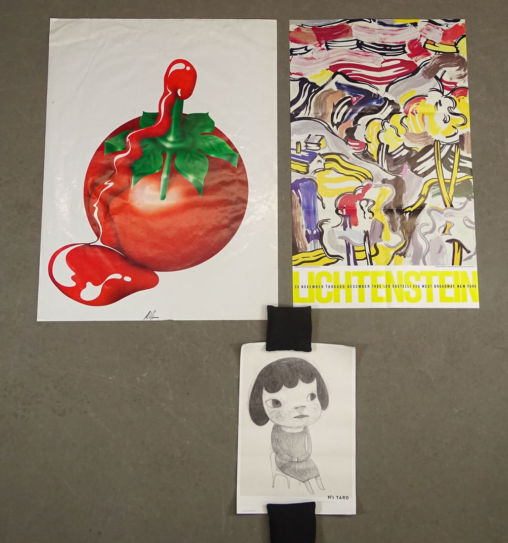 Artwork Lot: Artwork lot including: Large poster by Michael English (signed, overall 40" x 30"), Roy Lichtenstein-Leo Castelli Exhibition poster, edition of (500), folded as issued (38 1/2" x 24"), pencil signed